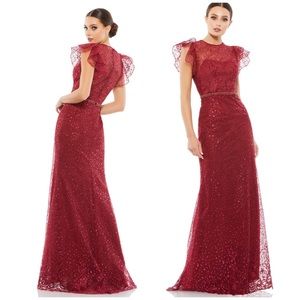 {Mac Duggal} Deep Red Illusion-Neckline Ruffle Maxi Dress, Size 6